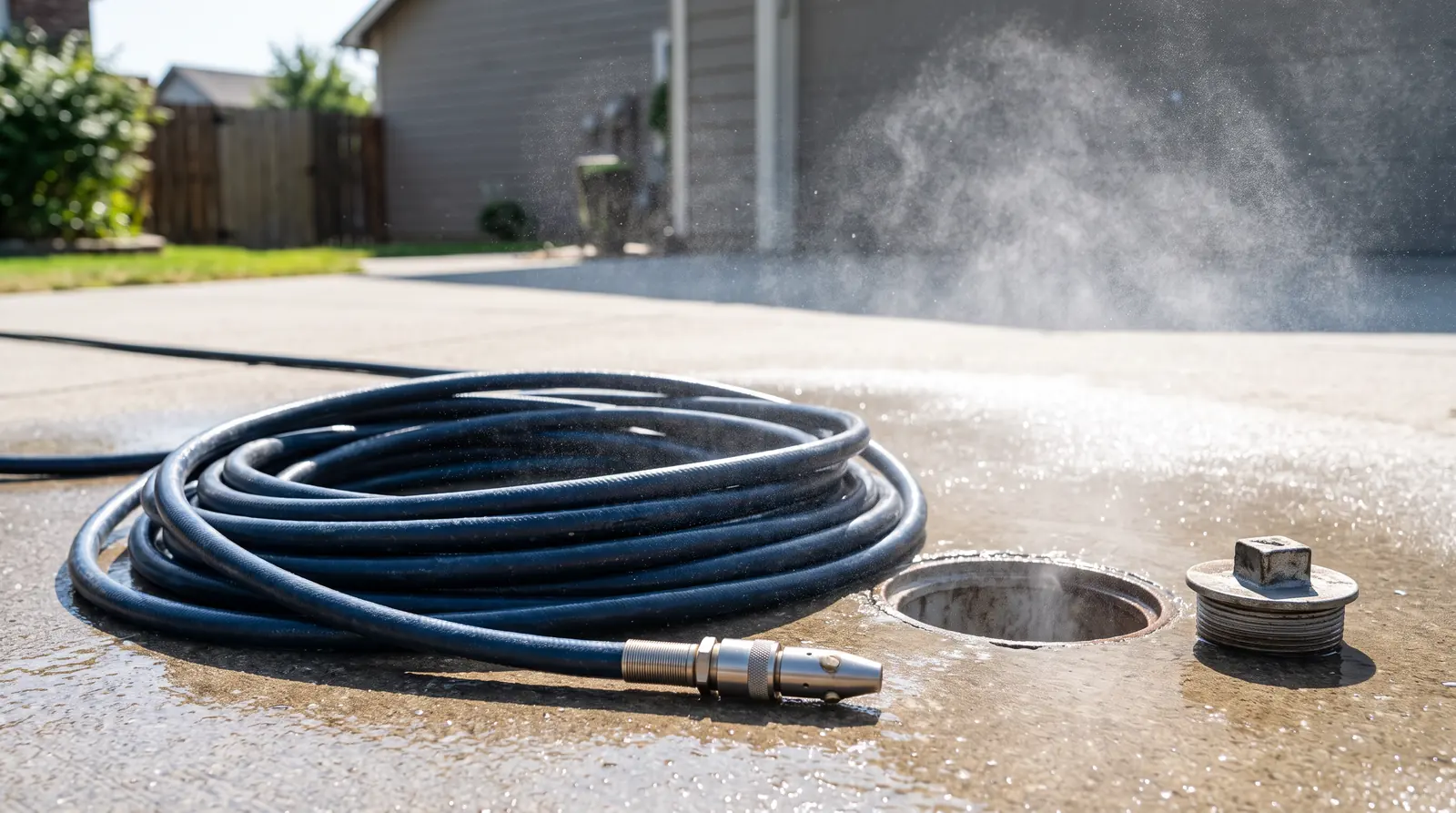 Hydro Jetting | Prodigy Plumbing & Drain A hydro jetting hose with a nozzle coiled beside a cleanout on a driveway with a fine water mist in the air