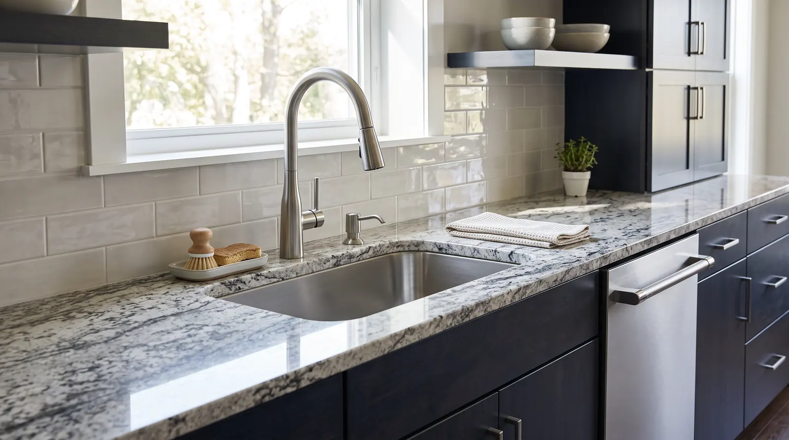 A modern kitchen sink area with a pull-down faucet, a soap dispenser, a dishwasher and a clean granite counter