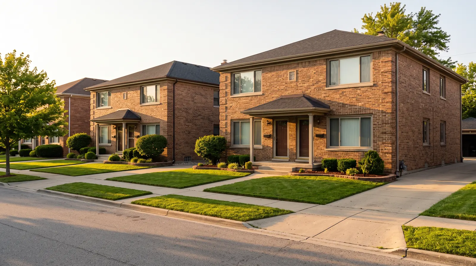 Rental and Landlord Plumbing | Prodigy Plumbing & Drain A row of brick duplex rental homes with tidy yards in golden light