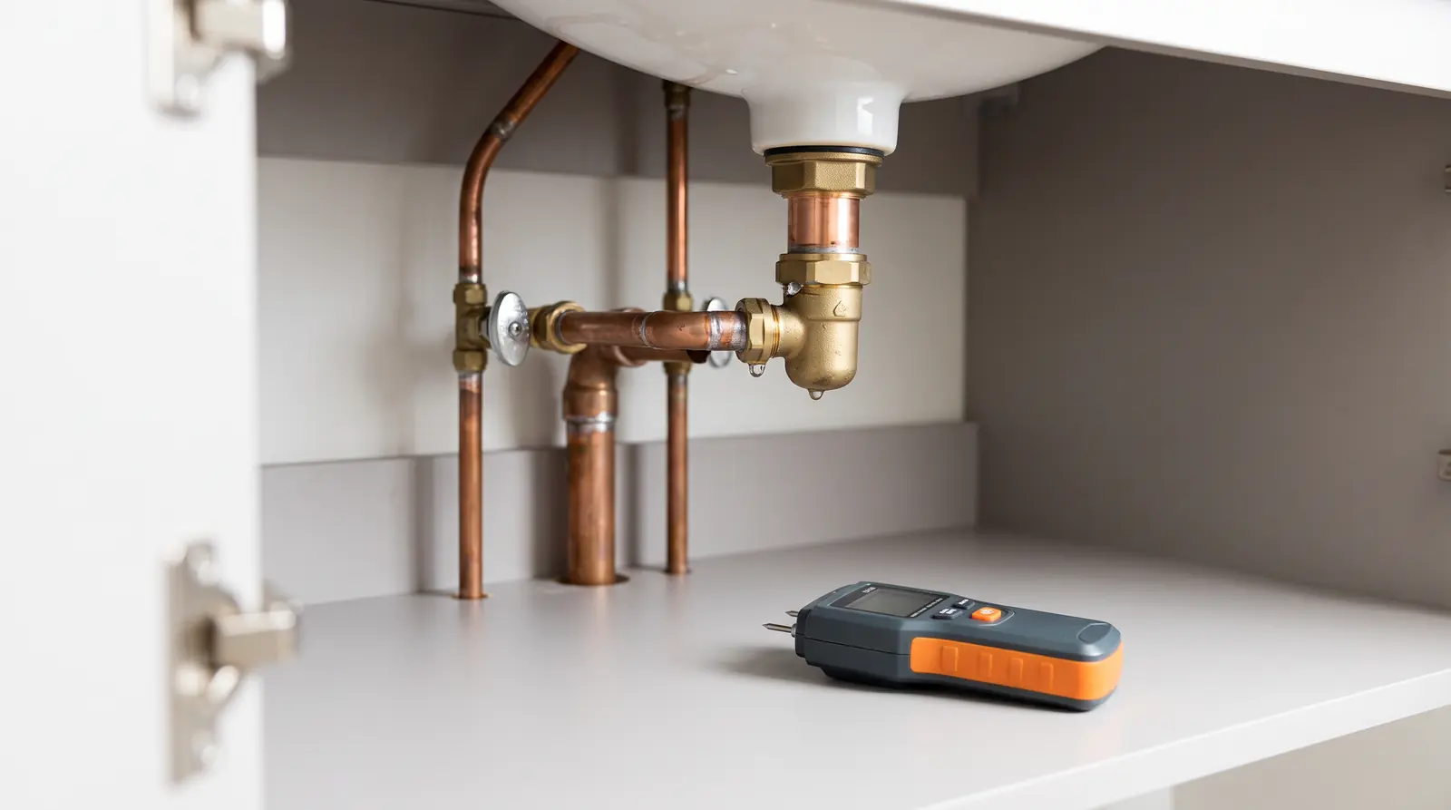 Close view of copper pipes under a bathroom sink with a single water bead on a fitting and a handheld moisture meter resting nearby, clean modern setting