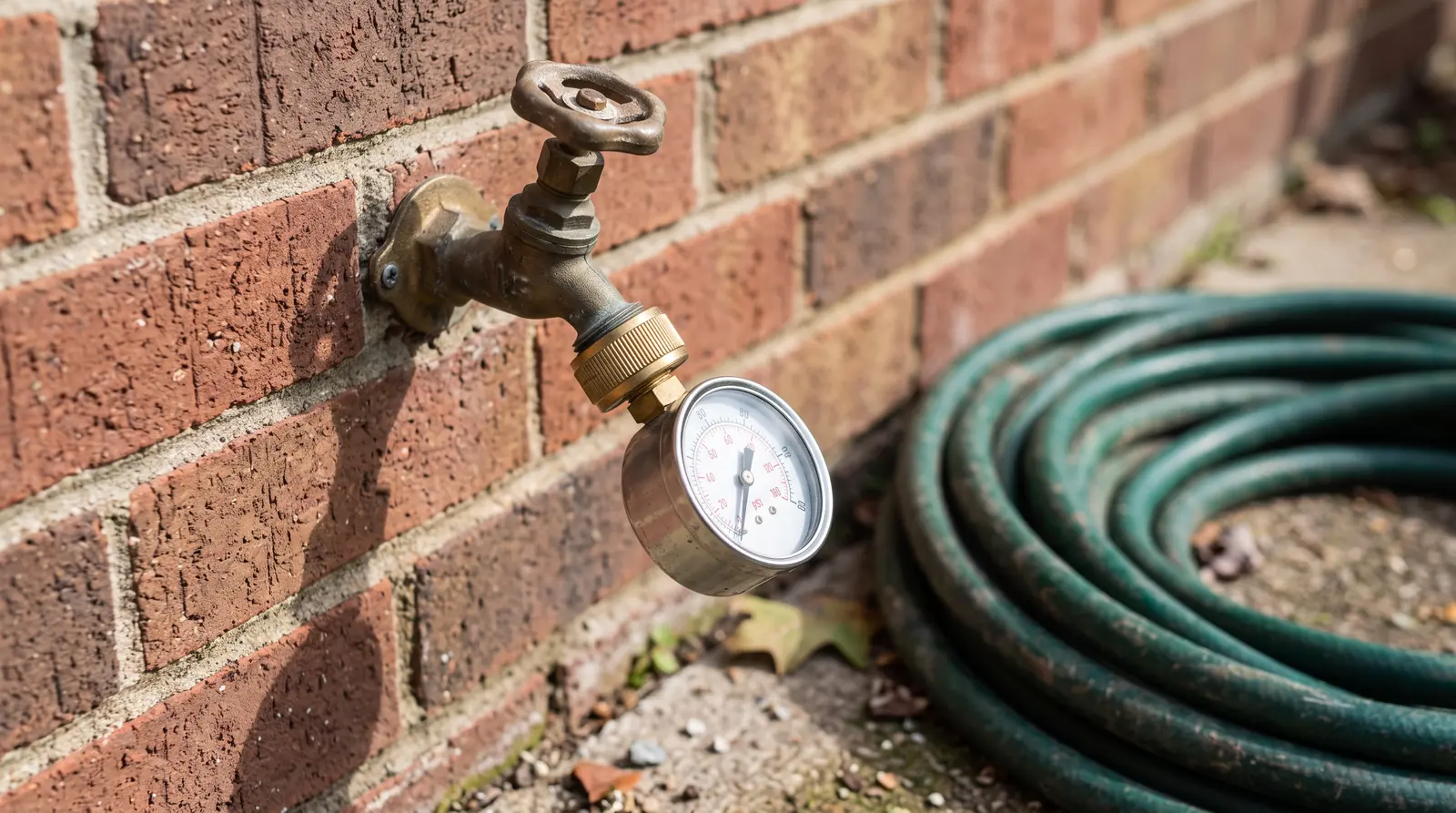 A pressure gauge attached to an outdoor hose bib showing a mid-range reading, brick wall and a coiled garden hose, daylight