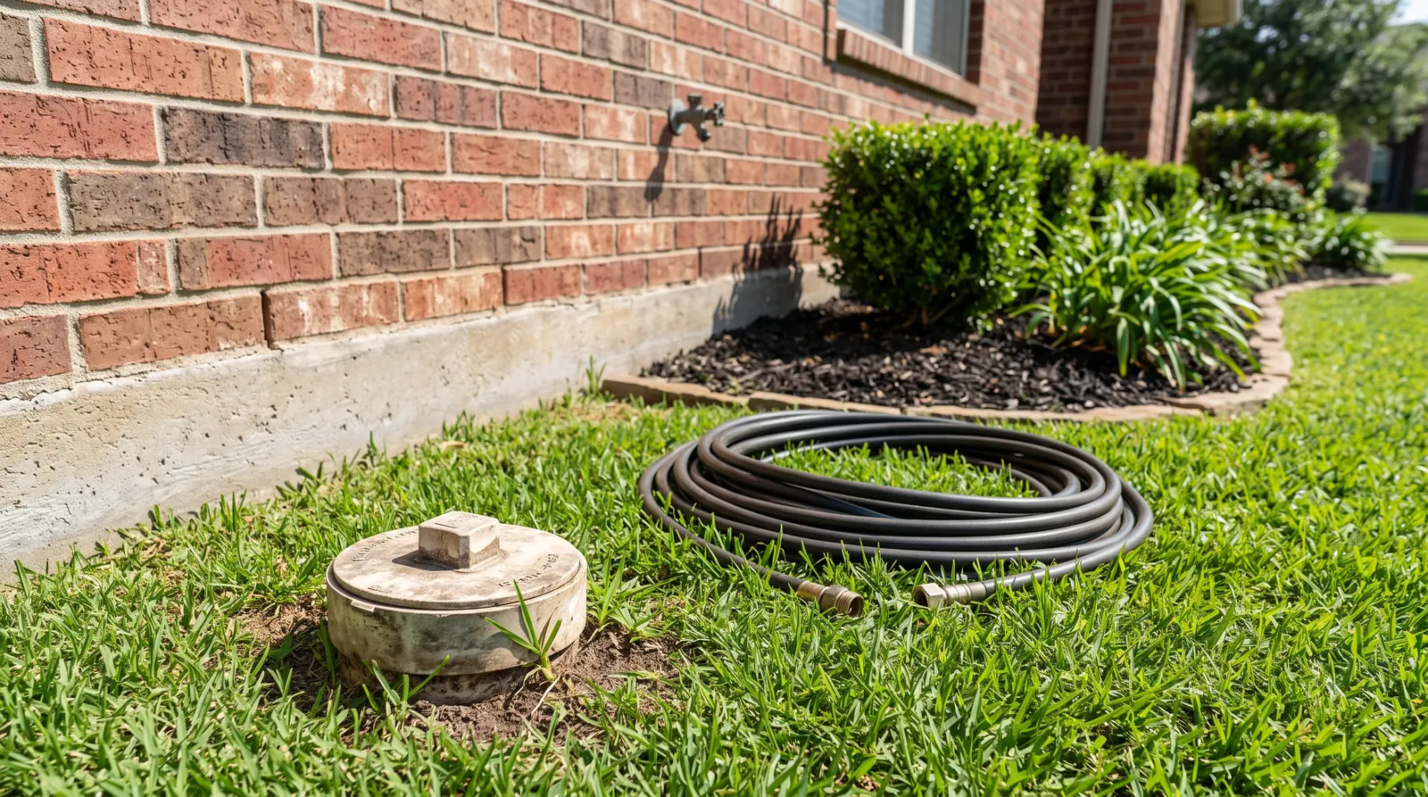 An exterior sewer cleanout cap in a lawn beside a brick home with neat landscaping and a coiled cleaning hose nearby
