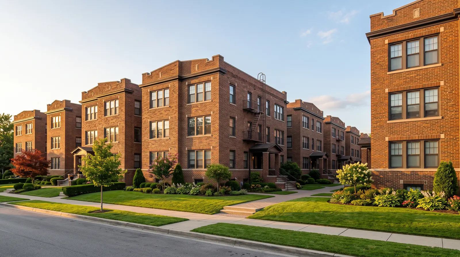 Multi-Unit and Property Manager Plumbing | Prodigy Plumbing & Drain A row of identical brick apartment buildings with neat landscaping in warm afternoon light