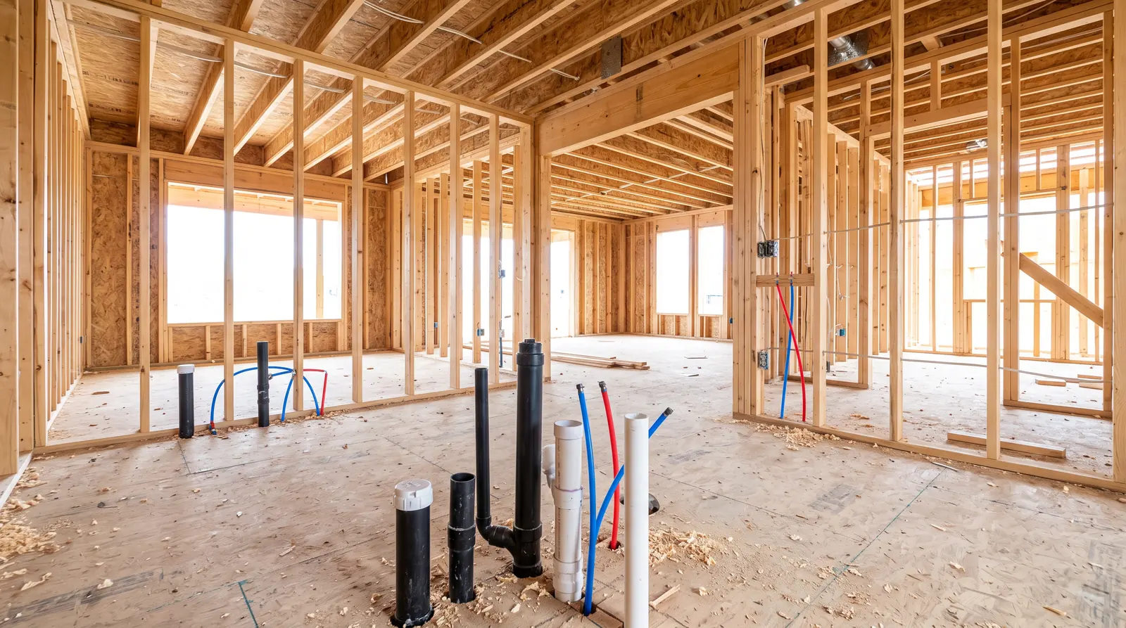 The interior of a new home frame with plumbing rough-in pipes and drain stubs coming through the subfloor, bright
