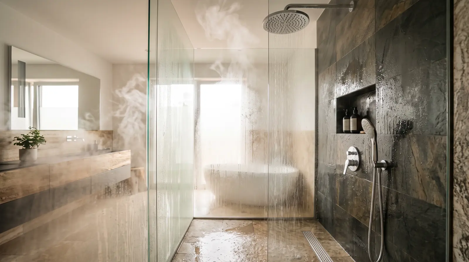 A modern shower in a bright bathroom with steam rising from a chrome rain shower head and glass walls fogged with warm steam