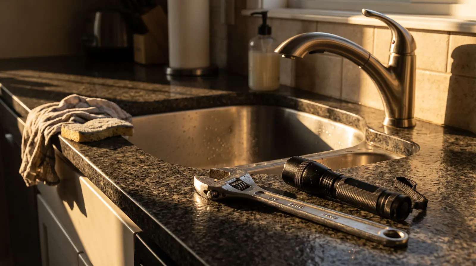 A kitchen sink with a faucet, an adjustable wrench and a flashlight on the counter in dramatic evening light