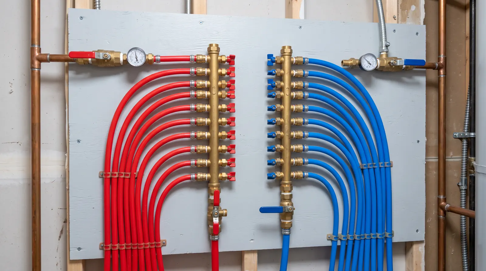 Color-coded red and blue PEX tubing connected to a brass manifold with valves on a clean utility room wall