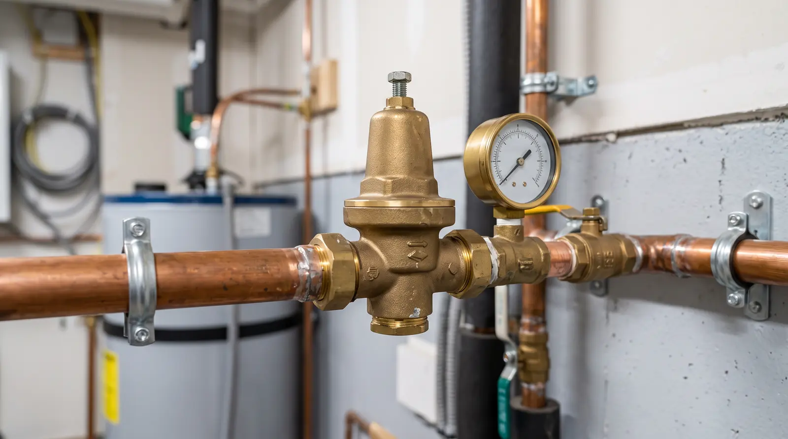 Pressure Regulator Replacement | Prodigy Plumbing & Drain A brass pressure reducing valve with a round gauge installed on a copper water line in a tidy utility room