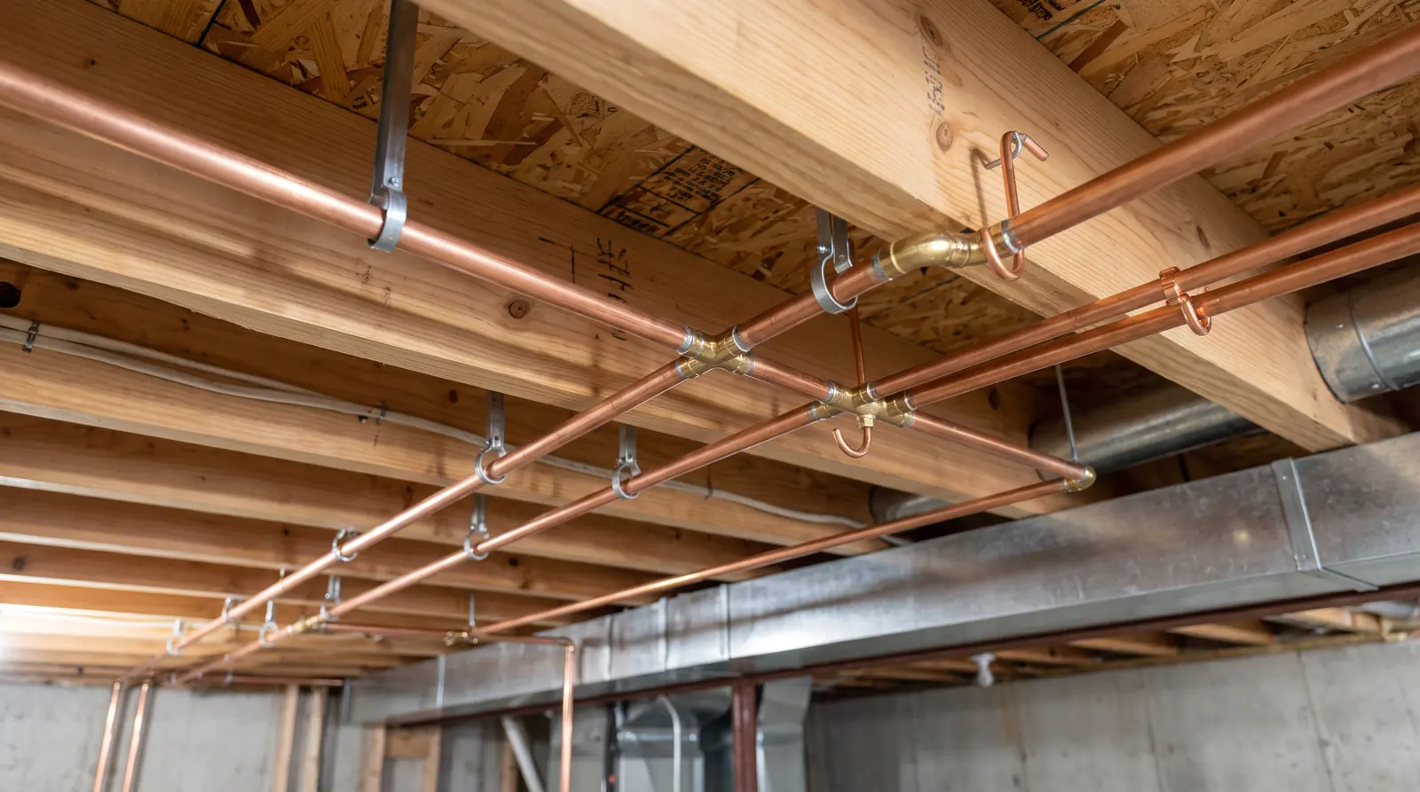 New copper supply pipes run neatly along basement joists with brass fittings and metal hangers, clean new installation