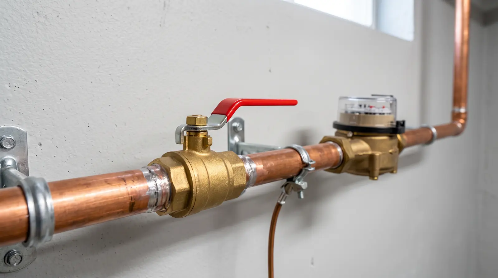 Main Shutoff Valve Replacement | Prodigy Plumbing & Drain A new brass ball valve main water shutoff with a red handle on a copper pipe near a water meter in a clean basement
