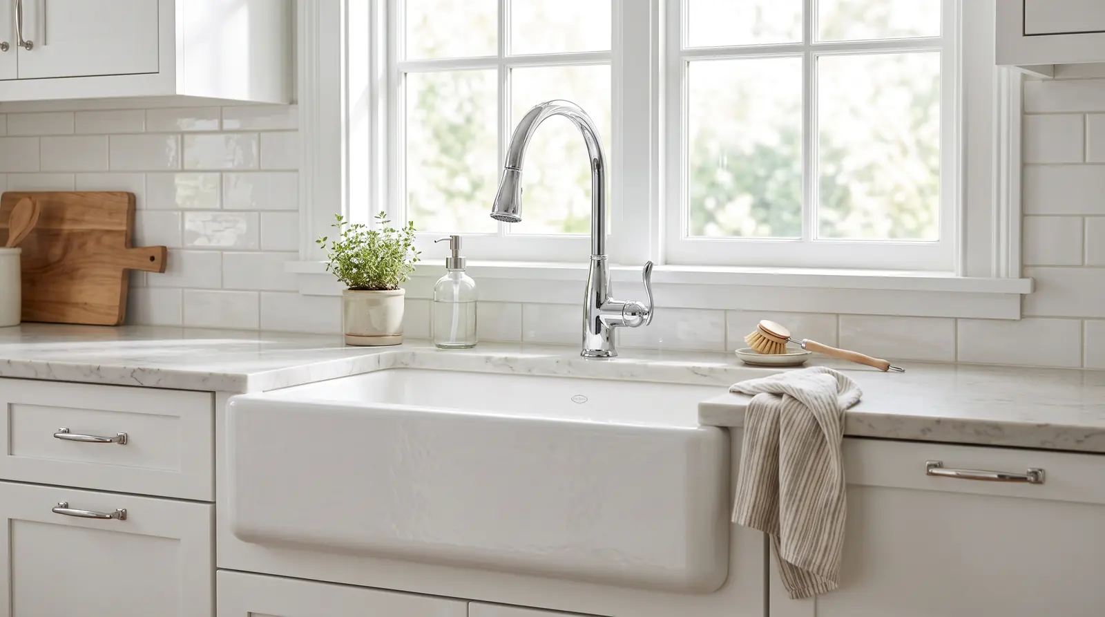 A farmhouse apron-front kitchen sink with a gooseneck chrome faucet in a bright white kitchen