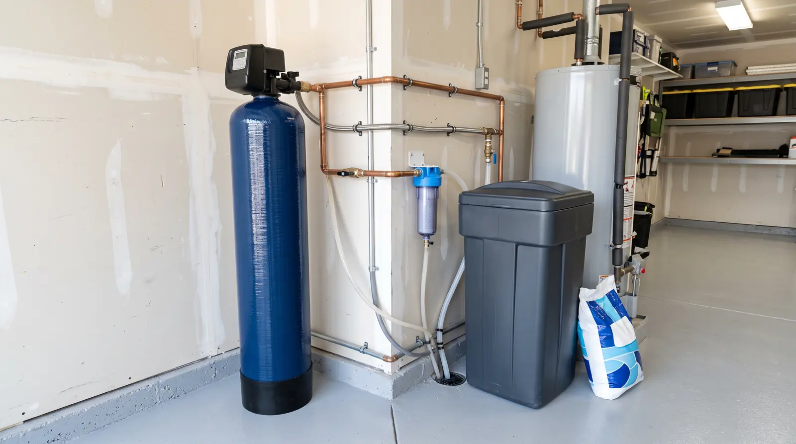 Water Softeners and Filtration | Prodigy Plumbing & Drain A water softener tank and brine tank in a tidy garage utility area with clean plumbing connections