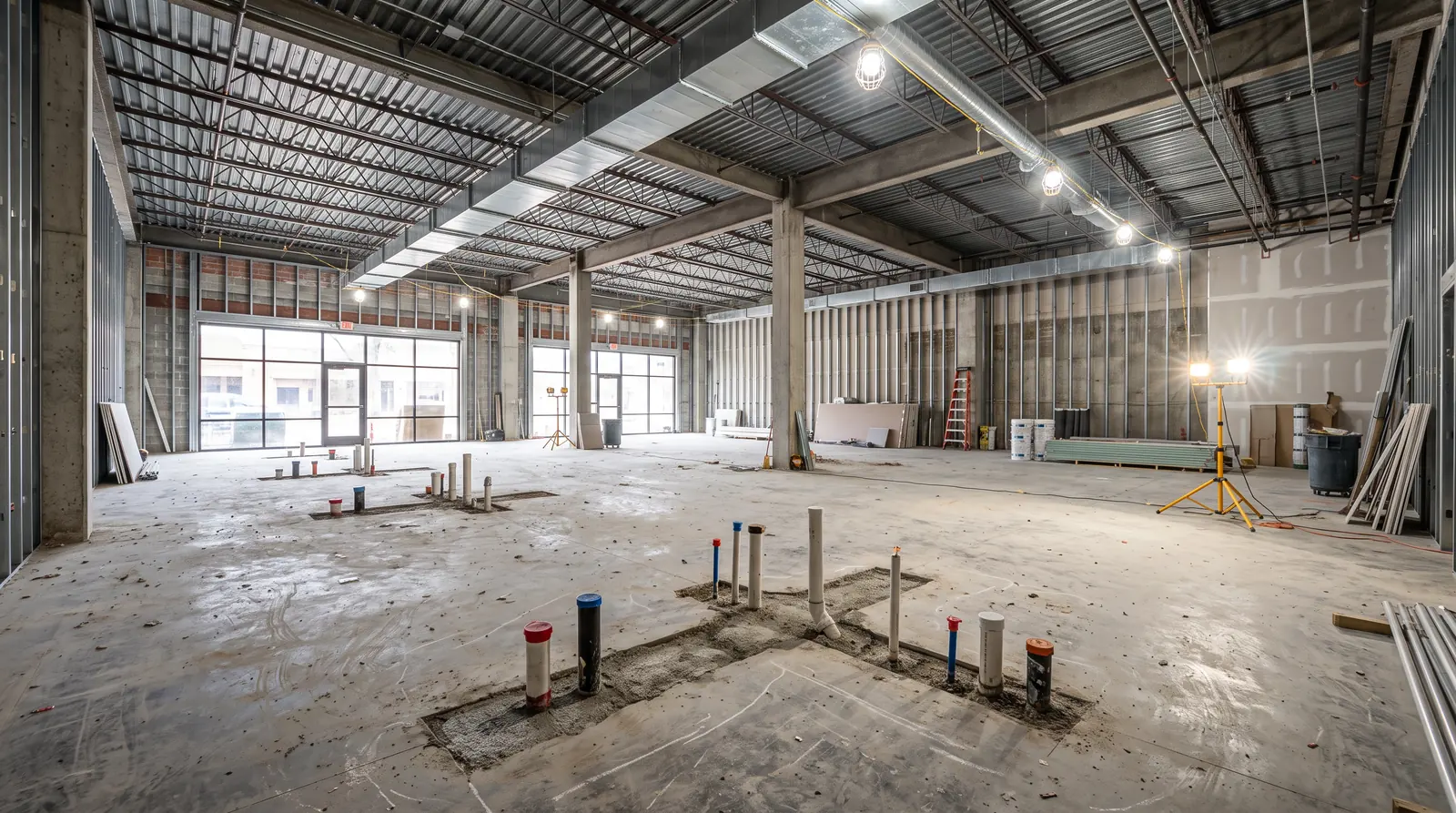 Tenant Improvement Plumbing | Prodigy Plumbing & Drain An empty commercial space with exposed plumbing stub-outs and drain lines in the concrete floor ready for finish work, bright work lights