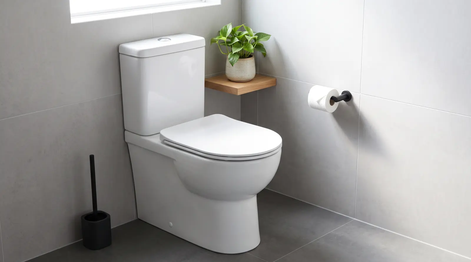 Toilet Installation | Prodigy Plumbing & Drain A modern comfort-height white toilet in a bright minimalist bathroom with gray tile and a small plant
