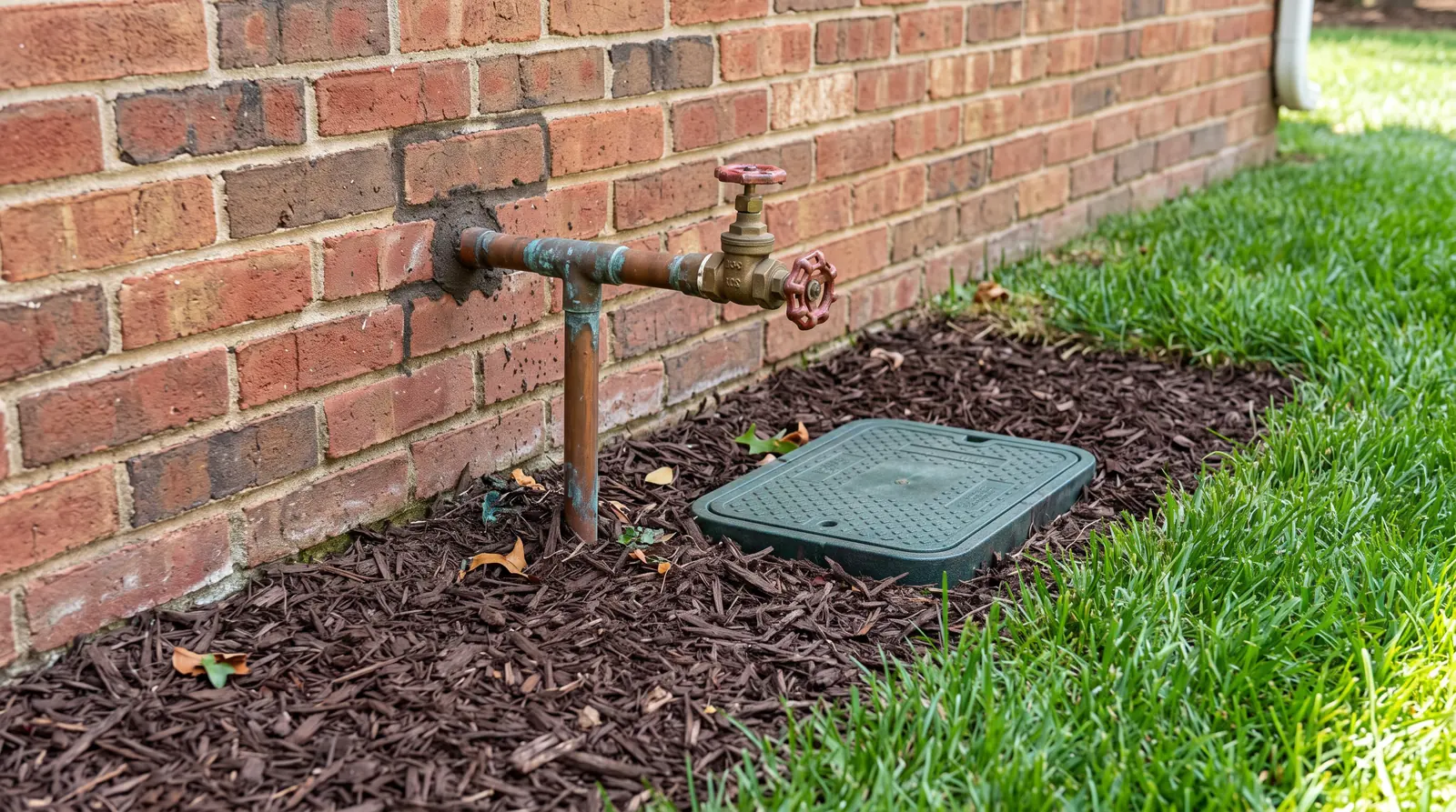 Water Line Installation and Repair | Prodigy Plumbing & Drain A water meter box and main shutoff valve with copper pipe entering a brick house foundation, tidy mulch and grass